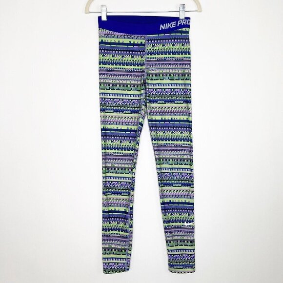 Nike Pro Warm Leggings Womens Size Medium Purple Green Stripe Lined Base Layer - Picture 2 of 9